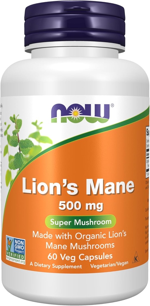 AHORA Suplementos de alimentos, Mane de león 500 mg, Super hongo, Hecho con los hongos Mane de león orgánico, 60 cápsulas de veg