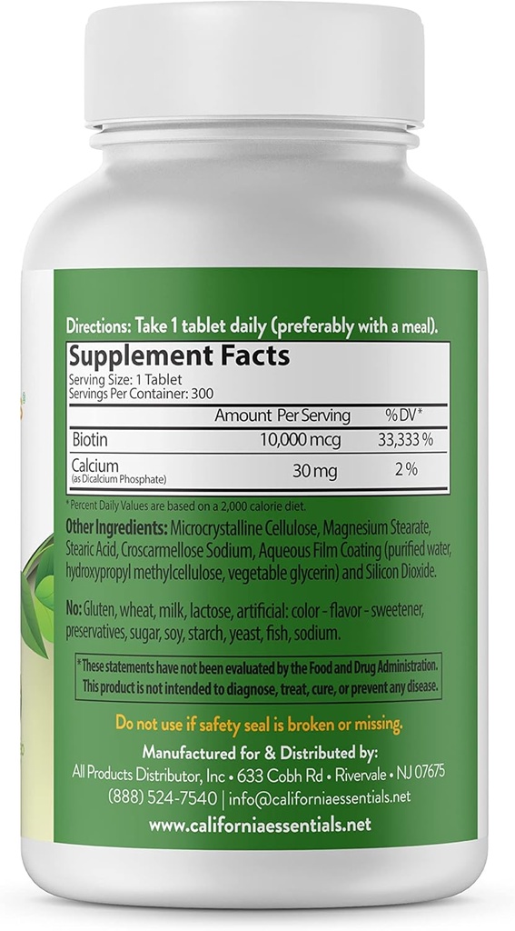 California Essentials Biotin 10000mcg ← Vitamina B7 promueve la piel saludable, el cabello y el crecimiento de la uñas ¦ High Potency Dietary Supplement for Men &amp; Women ← Non-GMO, Vegan, Gluten & Dairy Free (300 Tablets)