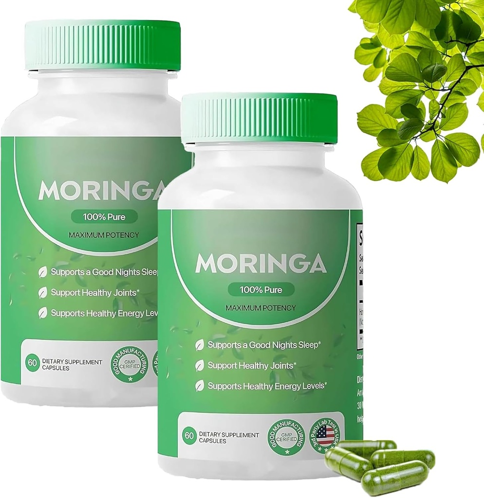 Moringa Capsules,Pure Moringa Powder Capsules - 800 mg de Nutrient-Rich Moringa- promueve la energía, Gut Well-Being (2PCS)