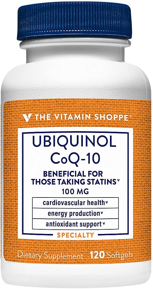 La vitamina Shoppe Ubiquinol CoQ-10 100mg - Beneficial para los que toman estatinas – apoya la salud celular y la producción de energía saludable, antioxidante esencial – Una vez Daily (120 Softgels)