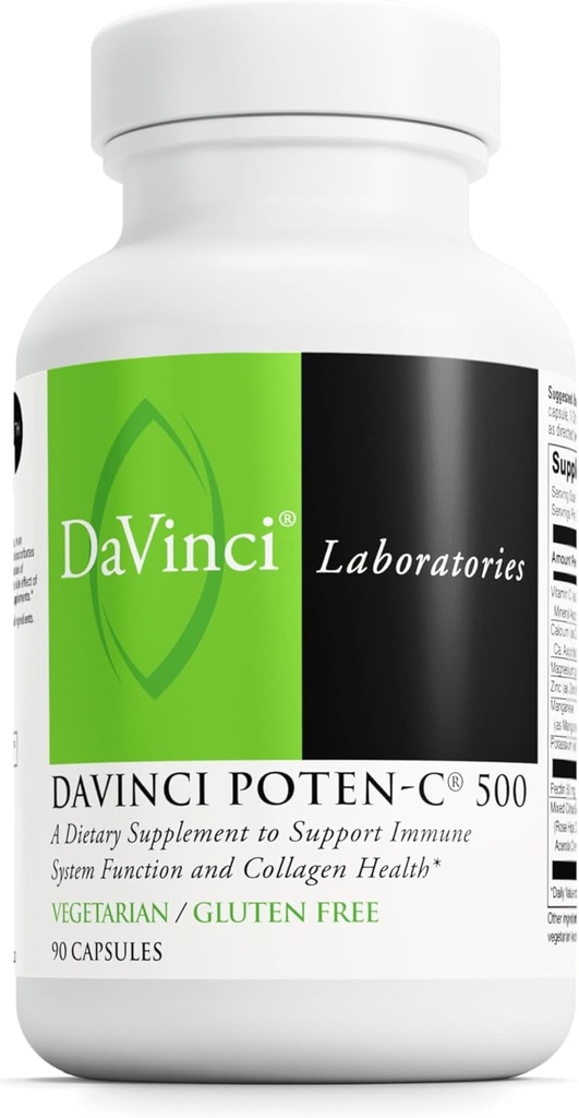 DAVINCI Laboratorios Poten-C 500 - Suplemento dietético de apoyo Función del sistema inmunitario " Salud del colágeno* - con vitamina C, calcio, magnesio, potasio y más - vegetariano - libre de gluten - 90 Tabletas