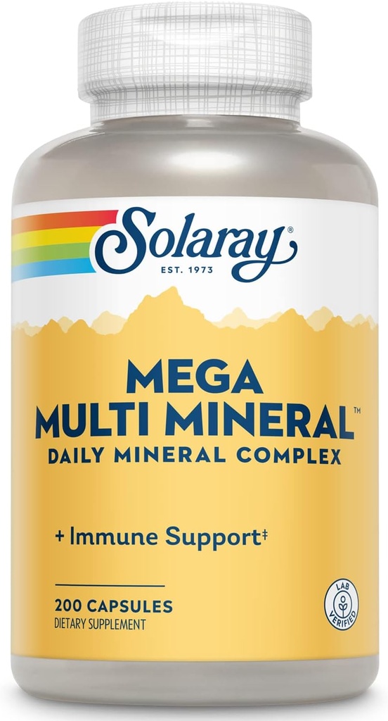 Solaray Mega Multi Mineral, Complejo Mineral Diario con Calcio, Hierro, Magnesio, Zinc, y Más en Formas Chelatadas Altamente Absorbables, Salud General y Apoyo Inmunitario, 50 Serviciones, 200 cápsulas