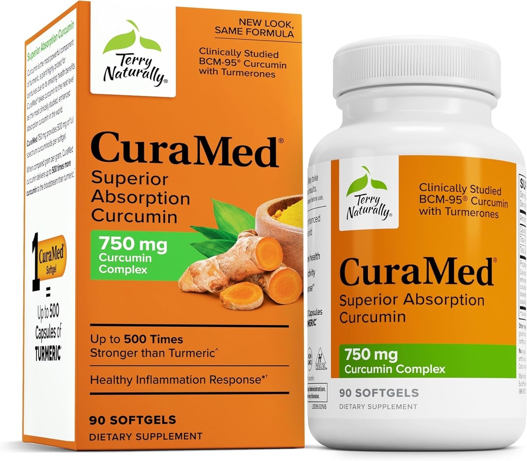 Terry Naturalmente CuraMed 750mg - Suplemento Antioxidante para la salud del cerebro - Suplemento dietético con Complejo de Curcumina de alta potencia - Kidney, Liver &amp; Immune Health Support - 90 Softgels