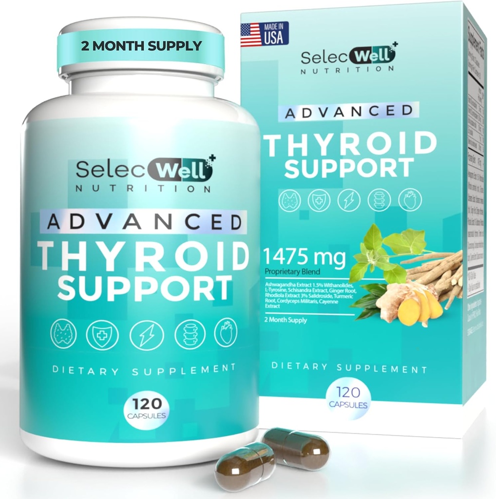 Soporte avanzado de tiroides, fuente de 2 meses – apoya la energía, Focus &amp; Hormone Balance – con Iodine, Selenium, Ashwagandha & L-Tyrosine (Vegetariano, No GMO)