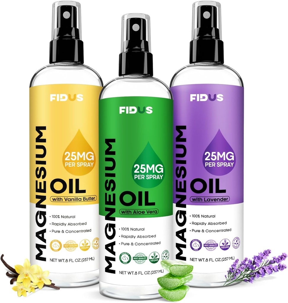 Fidus 100% Puro Magnesium Oil Spray con Aloe Vera - Big 8 fl oz Topical Magnesium Chloride for feet, Organic Natural Magnesium Spray from Ancient Zechstein Seven Seabed Minerals