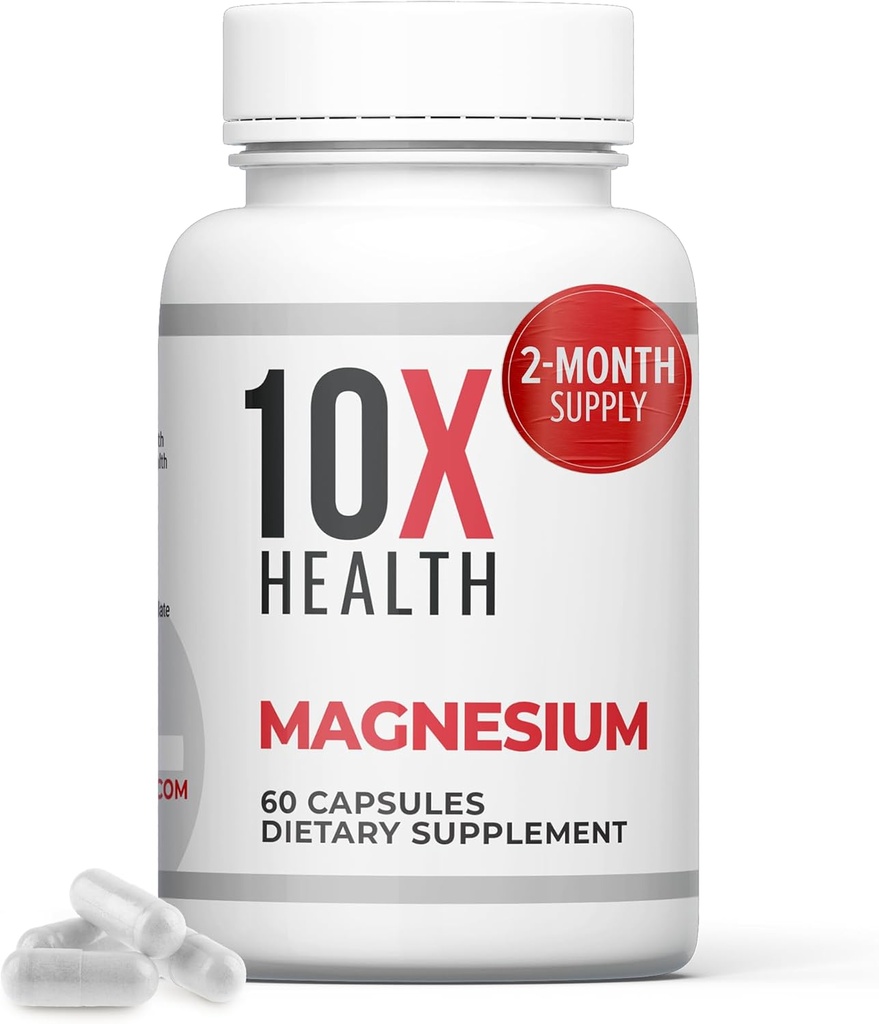 Suplementos de magnesio de salud de 10X - Citrato de magnesio de alta absorción para el sueño, el músculo &amp; soporte nervioso, salud cardiovascular y corazón - 60 cápsulas