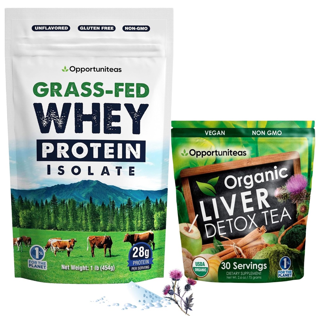 Opportuniteas Grass Fed Deflavored Whey Protein & Liver Detox Matcha Tea - Apoya tus músculos mientras limpias tu hígado - Bundle