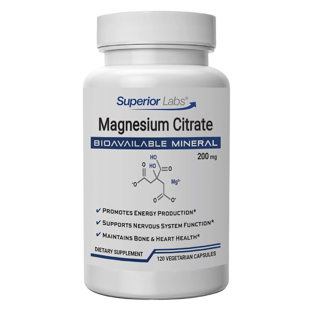 Laboratorios superiores Citrato de magnesio 200mg, Absorción alta, No GMO, Aditivo libre &amp; Gluten-Free, Promueve el sueño calma, Eases Muscle Cramps & Twitches, Supports Constipation Relief, 120 Veg Caps