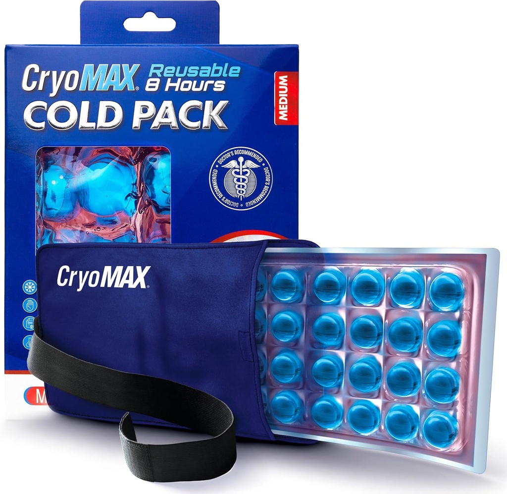 Cryo-Max Cold Pack, 8 horas Reutilizable paquete de hielo para codos, rodillas, cuello + más, medio, 6" x 12" (1 conde)