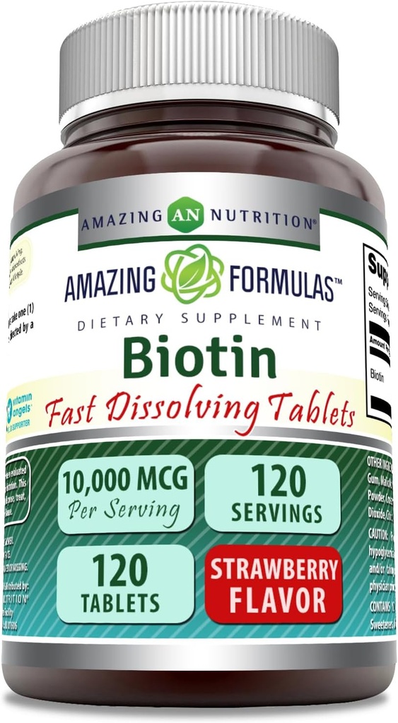Fórmulas increíbles Biotin Fast Dissolve 10000 Mcg Tablets Suplemento ← Strawberry Flavor tóxico Vitamina B7 ← No-GMO Silencio Gluten Free TEN Made in USA (120 Conteo)