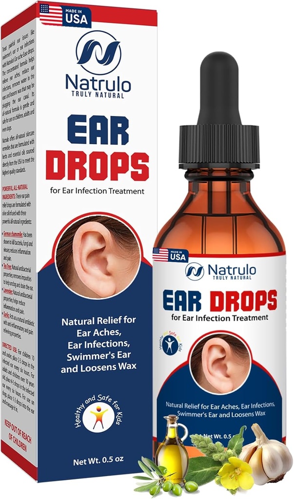 Natrulo Ear Drops for Ear Infection – Organic Ear Drops for Adult, Kids, Baby, Dog &amp; Pets – for Ear Aches, Itchy Ears, Infecciones, Swimmer's Ear, &amp; Loosen Wax – Kids Safe, Made in USA