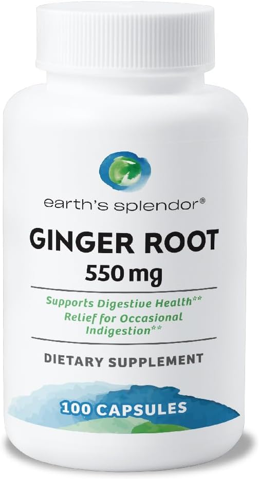 Esplendor de la Tierra Ginger Root 550 mg Suplemento para Hombres &amp; Mujeres, apoya la salud digestiva, sin color artificial o conservadores (550 mg, 100 cápsulas)