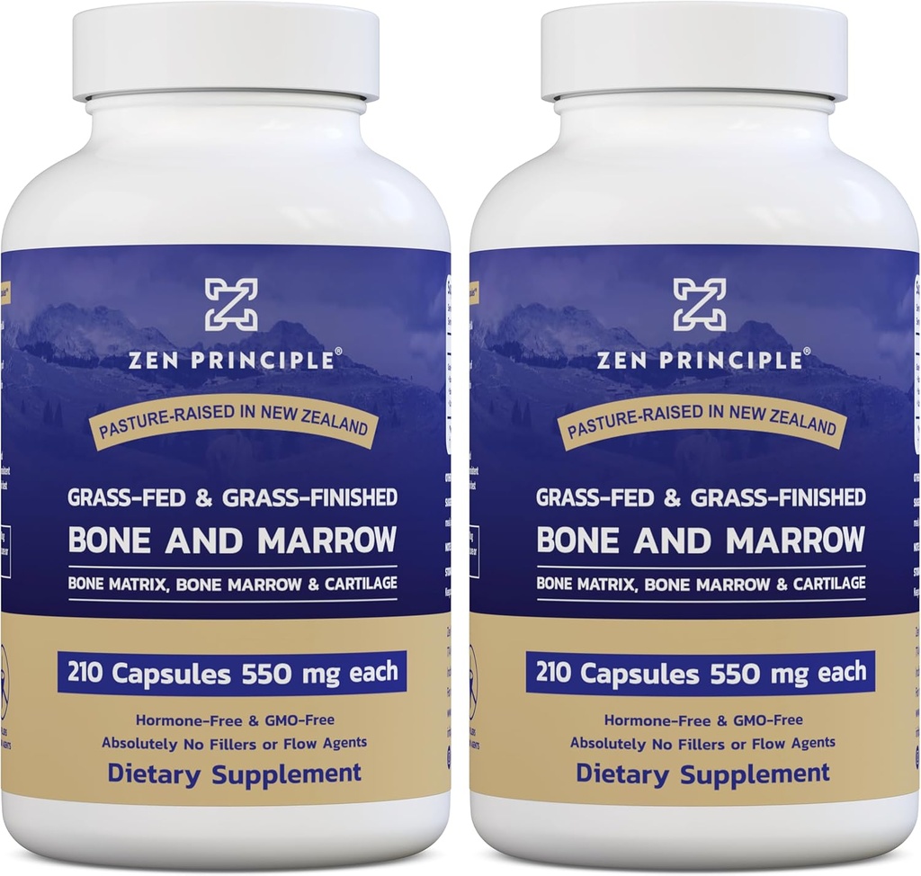 Zen Principle Grass Fed Beef Bone Marrow Supplement, 3300mg. Skin, Oral Health, and Joint Support. Promueve Plenario Wellness. Extracto completo de bonificación, 2-Pack, 420 cápsulas (210 cápsulas por botella).