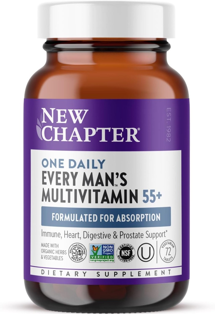Nuevo Capítulo Multivitamínico Hombres 50 Plus para Cerebro, Corazón, Digestivo, Prostata &amp; Apoyo Inmunitario con 20+ Nutrientes + Astaxanthin - Todos los Hombres One Daily 55+, Gentle on The Stomach - 72 ct