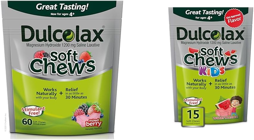 Dulcolax Soft Chews Saline Laxative Mixed Berry (60ct) Gentle Constipation Relief &amp; Kids Soft Chews Saline Laxative Watermelon Gentle Constipation Relief, Magnesium