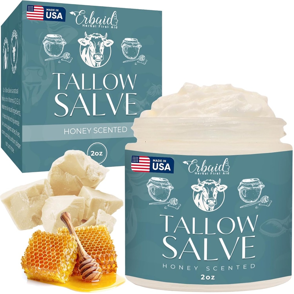 Beef Tallow Salve – All Natural Grass Fed Beef Tallow &amp; Honey All Purpose Balm – Moisturizing Body Salve Great for Eczema, Cracked, Dry, Itchy, Irritated Skincare Skin Repair Made in USA