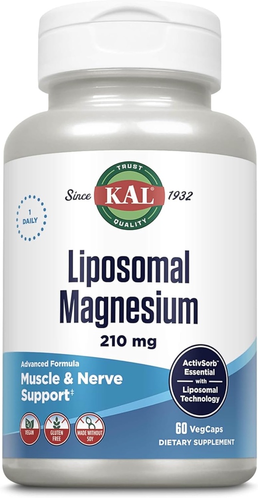 KAL Liposomal Magnesium Oxide 210 mg Alta Absorción, Tecnología Liposomal, Esenciales Muscle Support, Fórmula Avanzada, Capsules Vegan, Gluten Free, No Soy, 60 Servings