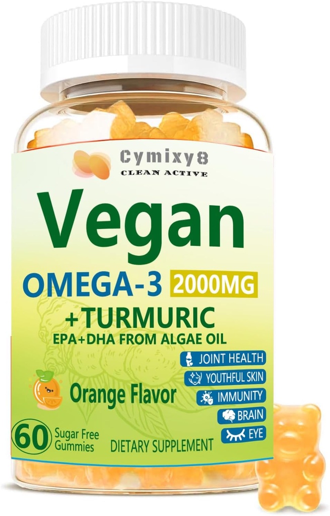 Vegan Omega 3 " Turmeric Gummies 2500mg, Algae Omega 3 DHA 800mg reducidaEPA 400mg, con MSM, Vitamina D3, Extracto Turmérico para Cerebro, Ojo, Conjunto, Suplementos de Aceite de Pesca Alternativa, Sugar Gratis