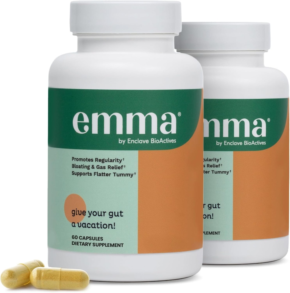 Emma Gut Health - 2 Pack - Gas and Bloating Relief, Constipation, Leaky Gut Repair - Gut Cleanse & Restore Digestion - Regulate Bowel Movement. Probióticos y alternativas laxantes, 120 cápsulas