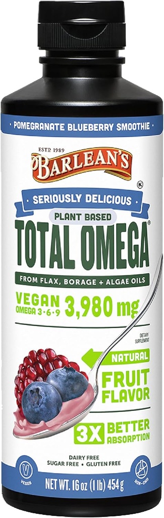 Aceites Líquidas de Barlean, Borage y Algae Omega 3 Suplemento, sabor de arándanos granados, EPA Vegan y DHA, aceite de semilla de Flax y Borage con 3,980 mg de Omega-3-6-9, 16 oz