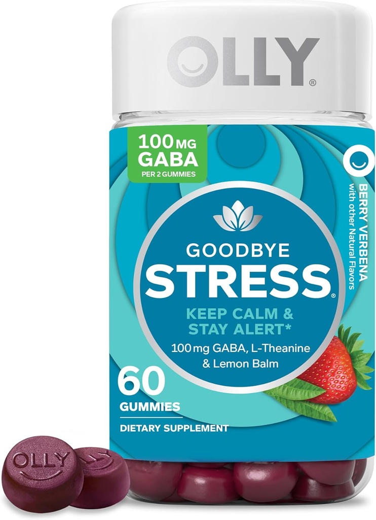 OLLY Goodbye Stress Gummy, GABA, L-Theanine, Lemon Balm, Stress Relief Supplement, Berry - 60 Count