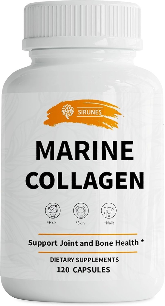 Péptidos de colágeno marino SIRUNES, 120 cápsulas - Suplementos de colágeno de pescado para las mujeres, Ideal para el cabello, la piel, las uñas, los huesos conjuntos - Hecho en EE.UU.