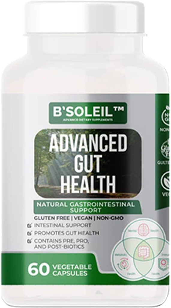 B’SoleilTM Advanced Gut Health Probiotic - Pre, Pro & Post Biotics - Natural Gastrointestinal Support - 60 cápsulas vegetales - Gluten Free, Vegan " Non-GMO Genuine Health Probiotics - 25 billion CFU