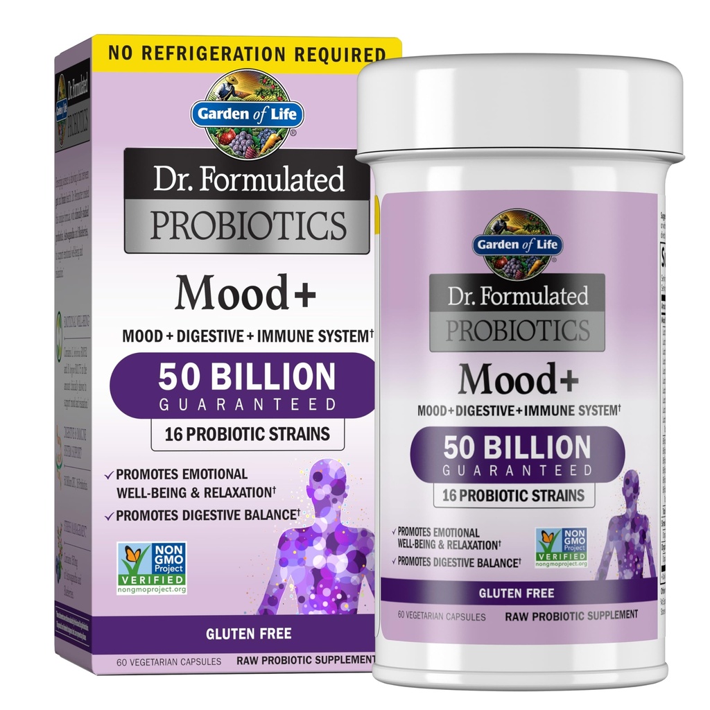 Garden of Life Probiotics Mood+ Dr Formulated Acidophilus Probiotic Supplement - Promotes Emotional Well-Being, Relax and Digestive Balance - Ashwagandha for Stress Management, 60 Veggie Caps