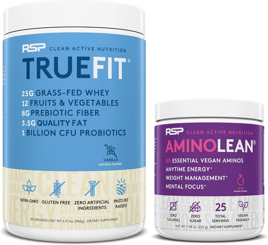 RSP NUTRITION Vegan AminoLean Pre Workout Energy (Acai 25 Servings) con TrueFit Protein Powder (Vanilla 2 LB)