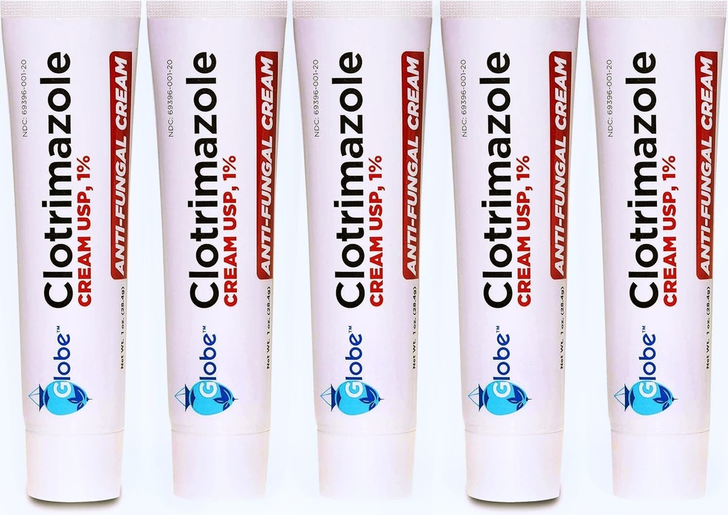 (5 pack) Crema de Clotrimazole Antifungal de Globe Clotrimazole 1% (1 oz) Alivia la picazón, la quema, el crack y el escalado asociados con infecciones fúngicas.