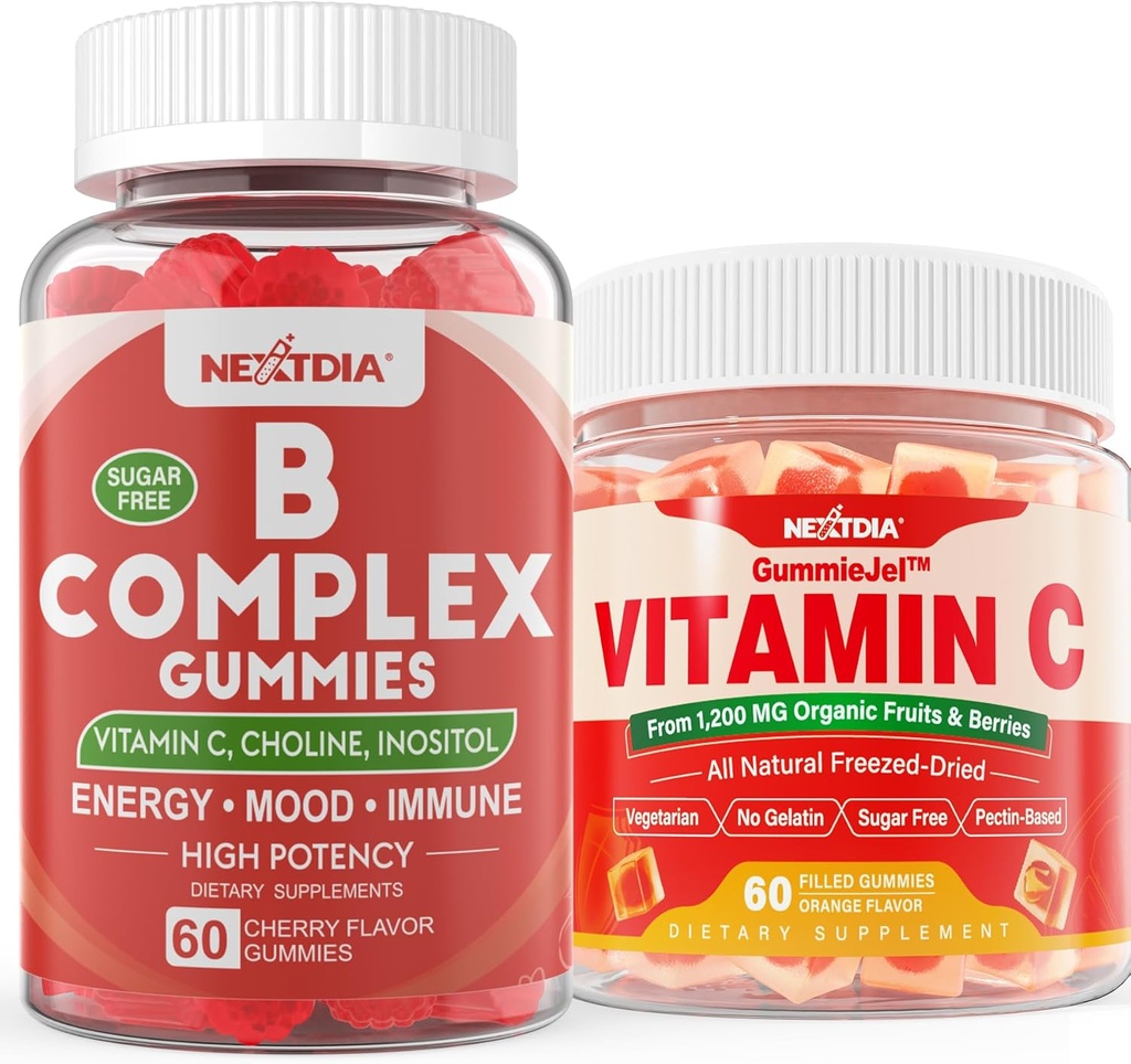 2 Pack Vitamin B Complex Gummies with 2000 mcg Methyl B12, Methyl Folate + 1 Pack Whole Food Vitamin C Gummies