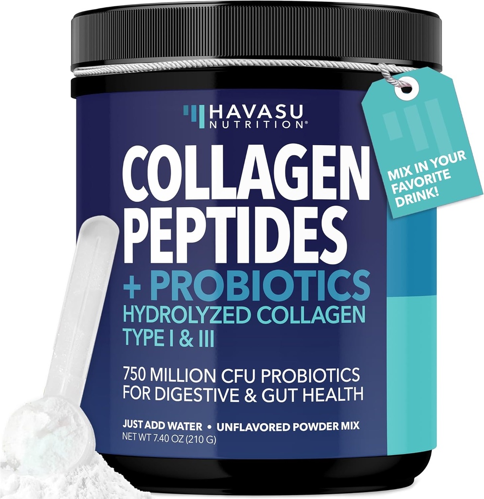 Péptidos de colágeno Polvo con Probióticos - Hidrolyzed de Grass Tipo I " III para la piel del cabello y la salud de uñas - GLP-1 Apoyo nutricional para la digestión - Easy-to-Mix, Unflavored, 1-Month Supply