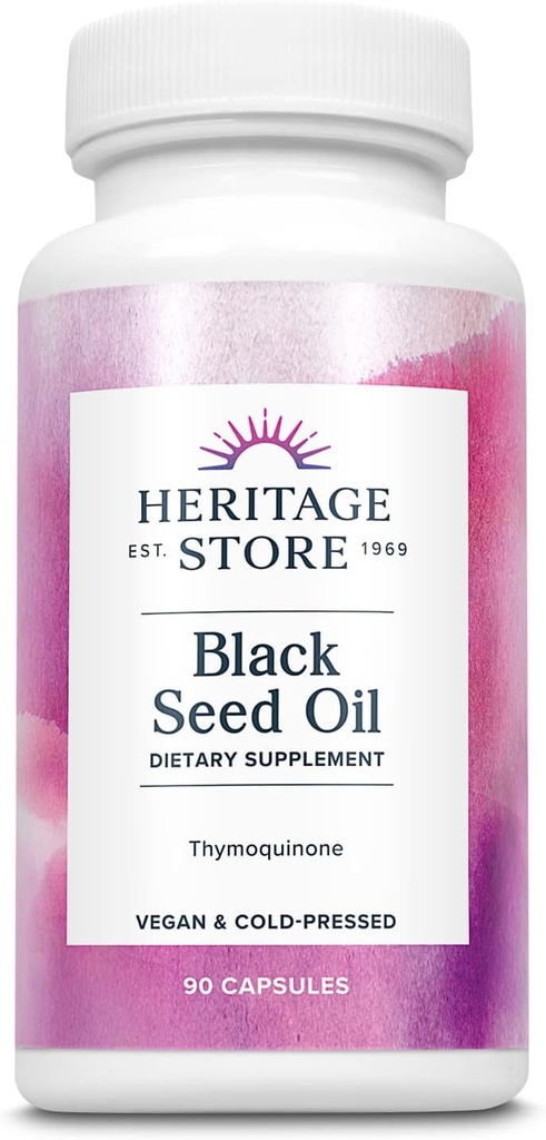 HERITAGE STORE Black Seed Oil Liquid Capsules 650mg, Nigella Sativa Oil Suplemento con Thymoquinone, Omega 3 6 9, Antioxidante, Colesterol, Digestivo, Conjunto &amp; Soporte Inmuno*, Vegan, 45 Serv, 90ct