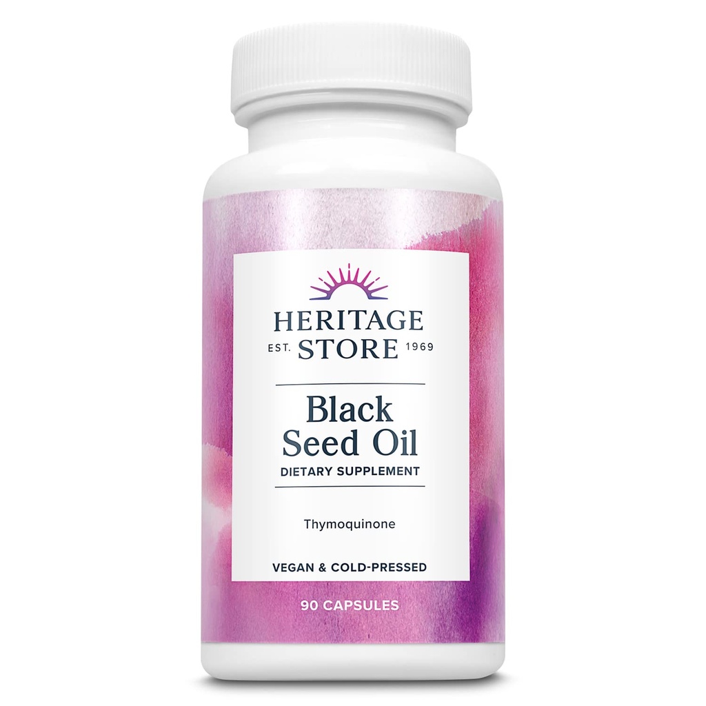 HERITAGE STORE Black Seed Oil Liquid Capsules 650mg, Nigella Sativa Oil Suplemento con Thymoquinone, Omega 3 6 9, Antioxidante, Colesterol, Digestivo, Conjunto &amp; Soporte Inmuno*, Vegan, 45 Serv, 90ct