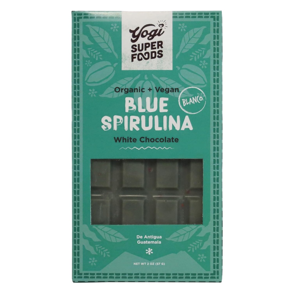 Yogi Super Foods Vegan White Chocolate Blue Spirulina Bar, Saludable &amp; Orgánico para la Energía Boost hecho de Raw Cacao Butter, Avenas Gratuitas, Endulzada con Panela Sugar, Macadamia Nuts - 1 Bar