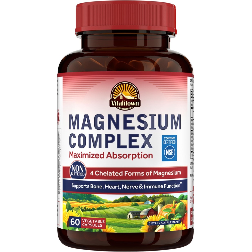 Suplemento Complejo de Magnesio Vitalitown 500mg - Absorción máxima NSF Glycinate de Magnesio Chelated, Malate, Taurate & Citrate - Vegan No GMO para el sueño, Energía & Corazón 60 Caps
