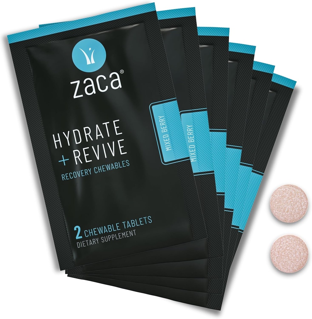 Zaca Recuperación Chewable Suplemento Silencioso Hydrate + Revive peru Party, Viajes, Ejercicio " Altitud Silencio Sugar Gratis " Gluten Free ← Berry mixed, 6 Packets = 12 Tablets