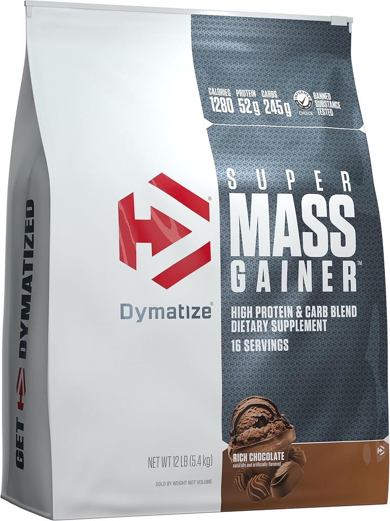 Dymatize Super Mass Gainer Protein Powder, Rich Chocolate, 52g Protein, 1g Creatine, 1280 Calories, 10.7g BCAAs, 245g Carbs, Contiene Whey Protein Powder, Isolate, y Casein (16 Servings)