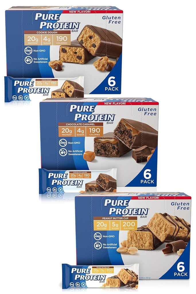 Pure Protein Bares, High Protein, Nutritious Snacks to Support Energy, Low Sugar, Gluten Free, Guilt Free Variety Pack (Cookie Dough/Choc Caramel/Peanut Butter Cup), 1,76 oz, Pack de 18