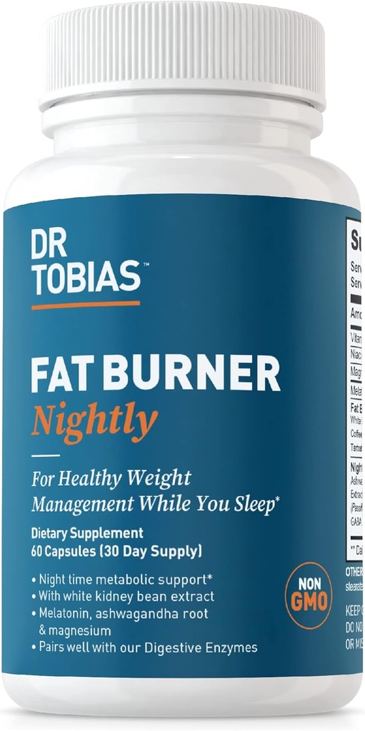 Dr. Tobias Fat Burner Nightly, Night Time Metabolic Support with White Kidney Bean Extract, Ashwagandha Root, Green Coffee Bean Extract " Melatonin, Non-GMO, 60 cápsulas (30 Day Supply)