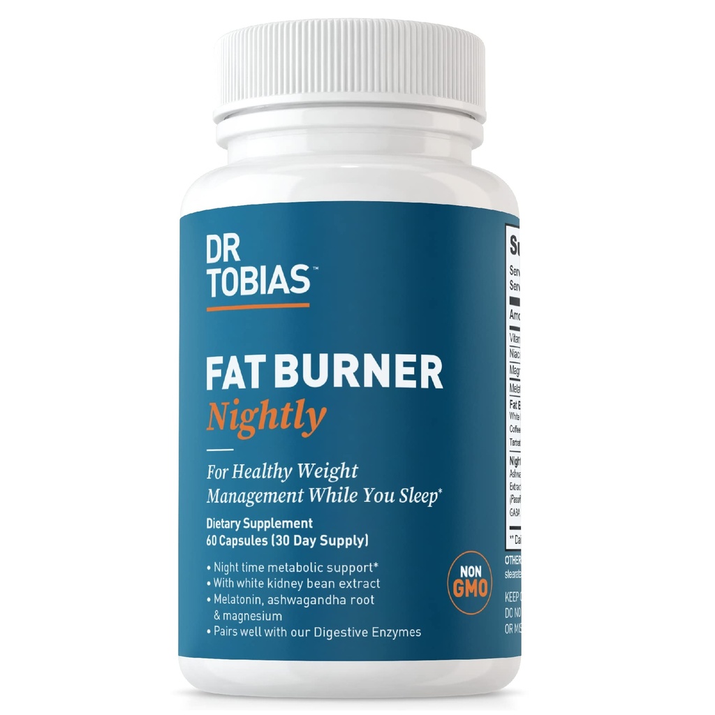 Dr. Tobias Fat Burner Nightly, Night Time Metabolic Support with White Kidney Bean Extract, Ashwagandha Root, Green Coffee Bean Extract " Melatonin, Non-GMO, 60 cápsulas (30 Day Supply)