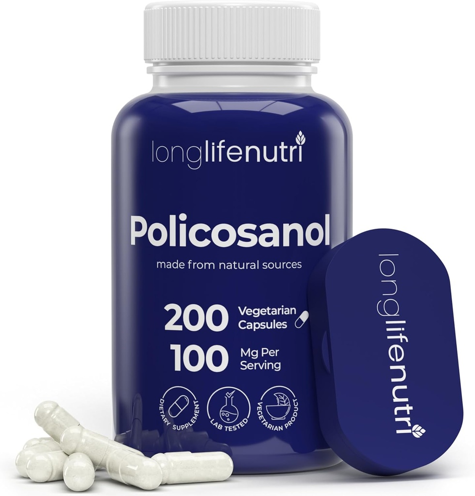 LongLifeNutri Policosanol 100mg - 200 cápsulas vegetarianas, suplemento natural de caña de azúcar para el colesterol equilibrado, suministro de 3 meses, no GMO, test de laboratorio, hecho en EE.UU.