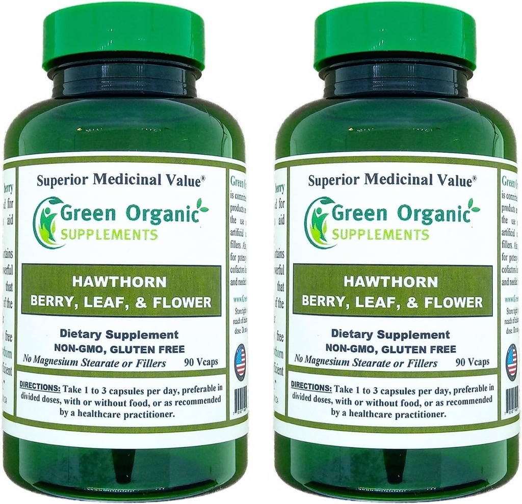 Green Organic Supplements Hawthorn Berry Capsules, Leaf, Flower, Hawthorn Supplements Contains 90 Capsules, Natural Hawthorn Herbs for Cardiovascular Health & Natural Heart Care (Pack of 2)