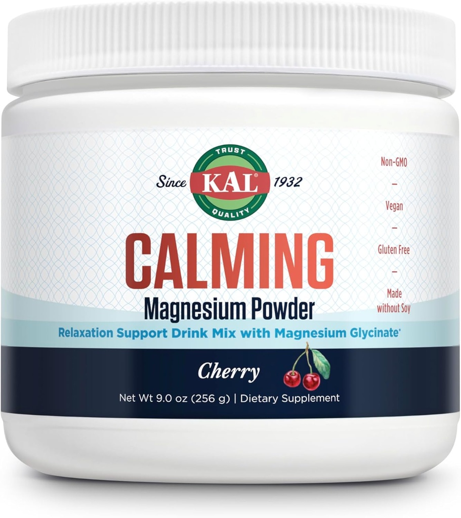 KAL Calming Magnesium Powder - Cherry Flavor Magnesium Supplement - High Absorption, Relaxation Support, No Añadido Sugar, Vegan, Gluten Free, Made Without Soy - 40 Servings, 9 oz