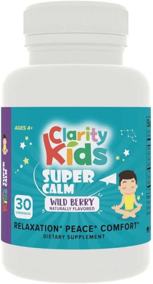 Clarity Kids Super Calm TEN Magnesium Chewable Vitamin for Children Comfort Focus and Relaxation TEN All Natural Calm Supplement with L-Theanine TEN USA Made TEN 30 Piece