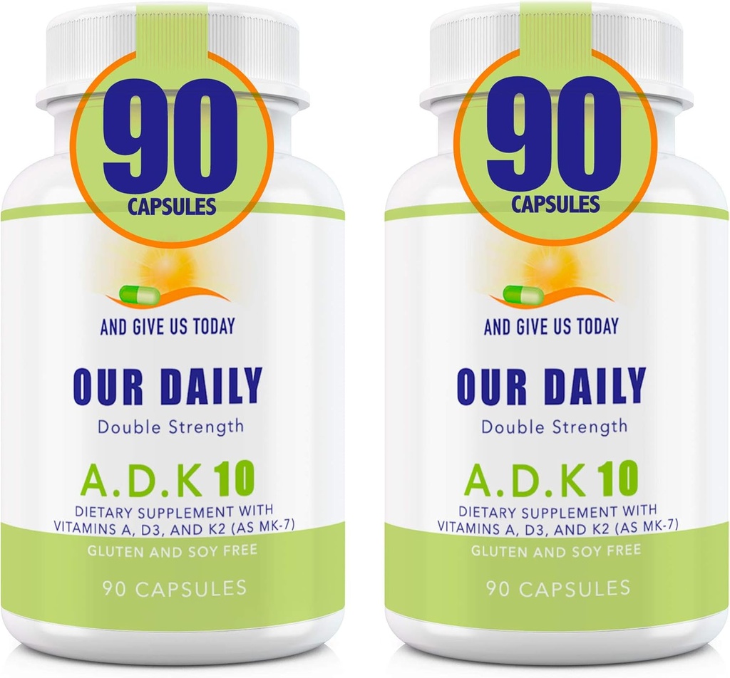 Nuestros Vites diarios ADK 10 doble fuerza (10,000 iu) vitaminas A1, D3 &amp; K2 (como MK7) - Fisiciana bonificación &amp; soporte del sistema inmunológico - Gluten libre, no GMO - 180 cápsulas vegetarianas