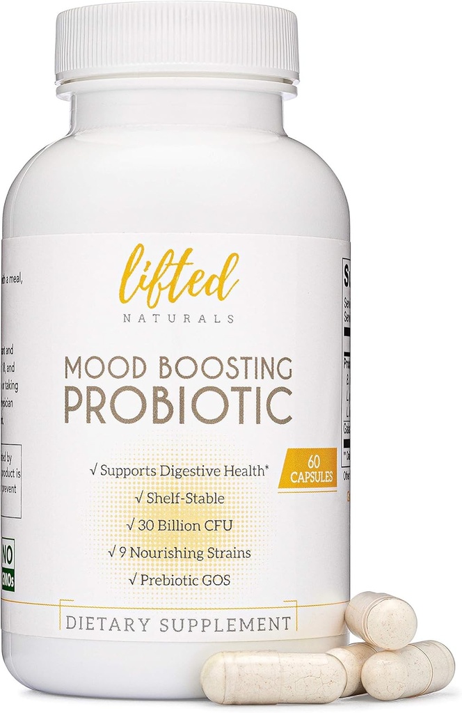 Naturales elevados Mood Boosting Probiotic 30 Billion CFU - Mood Support Suplemento, Prebióticos y Probióticos para Hombres Mujer, Acidophilus Lactobacillus Probiotic, Shelf Stable & Non-GMO, 60 cápsulas