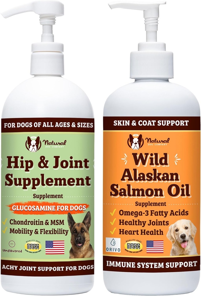 Natural Dog Company 32 oz. Aglomerado con aceite de salmón de Alaska silvestre y Glucosamina líquida para perros, suplemento de aceite de pescado, apoyo conjunto y de cadera