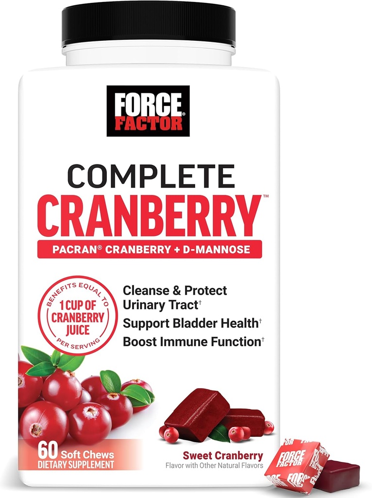 FORCE FACTOR Cranberry Soft Chews, suplemento de arándano con D Mannose y extracto de arándano para apoyar la vejiga y la salud de la tractrina urinaria para las mujeres, Vegan, dulce sabor a arándano, 60 cerdas suaves