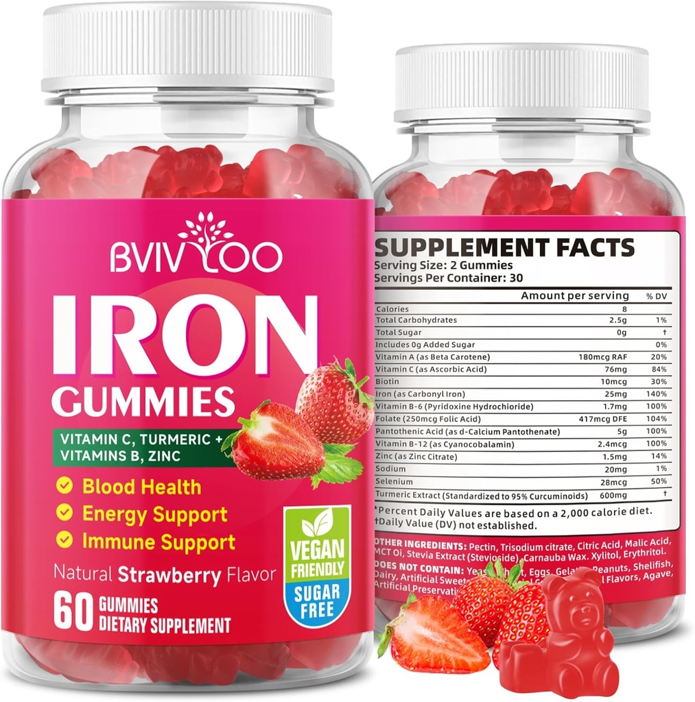 Gummies de hierro vegano para adultos &amp; niños - con vitamina C, A, B-Complex, Folate, Zinc y Biotin - para el edificio de sangre " Energy Support, 60 Gummies